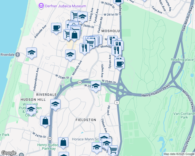 map of restaurants, bars, coffee shops, grocery stores, and more near 273 West 254th Street in Bronx