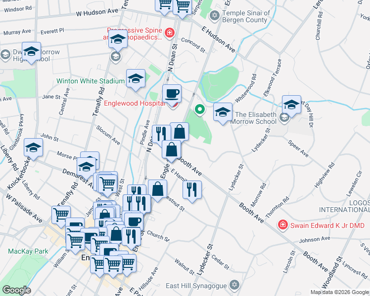 map of restaurants, bars, coffee shops, grocery stores, and more near 285 Engle Street in Englewood