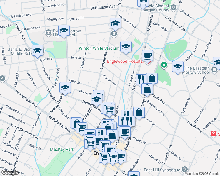 map of restaurants, bars, coffee shops, grocery stores, and more near 207 Prospect Street in Englewood