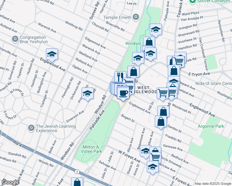 map of restaurants, bars, coffee shops, grocery stores, and more near 1377 Palisade Avenue in Teaneck