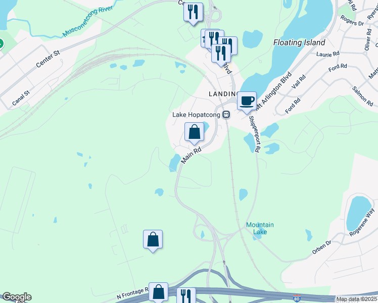 map of restaurants, bars, coffee shops, grocery stores, and more near 164 Landing Road in Roxbury Township
