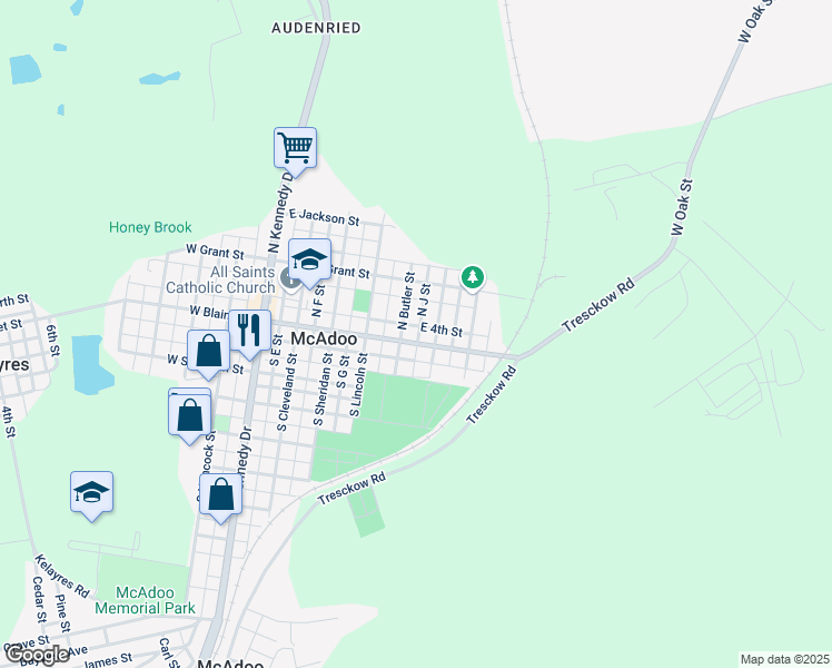 map of restaurants, bars, coffee shops, grocery stores, and more near 407 East Blaine Street in McAdoo