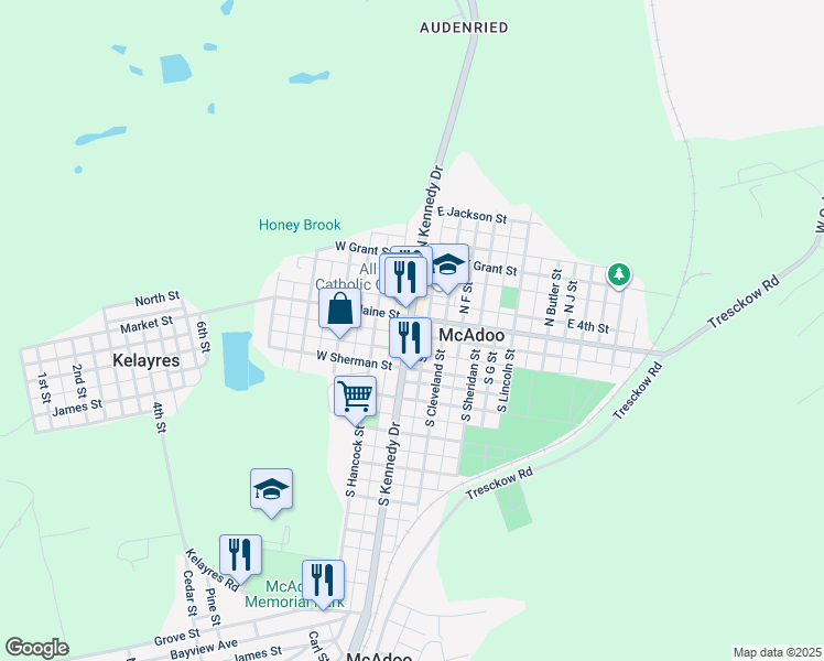 map of restaurants, bars, coffee shops, grocery stores, and more near 25 South Kennedy Drive in McAdoo