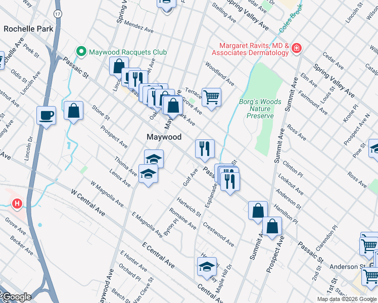 map of restaurants, bars, coffee shops, grocery stores, and more near 550 Elm Street in Maywood