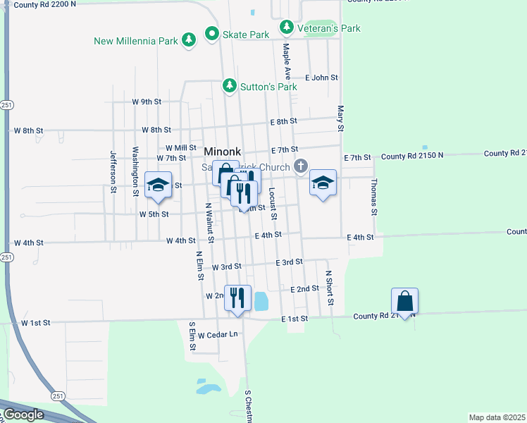 map of restaurants, bars, coffee shops, grocery stores, and more near 214 East 5th Street in Minonk