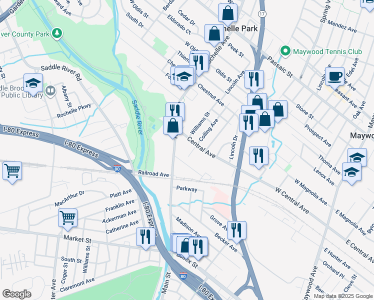 map of restaurants, bars, coffee shops, grocery stores, and more near 53 Central Avenue in Rochelle Park