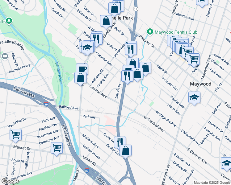 map of restaurants, bars, coffee shops, grocery stores, and more near 23 Lincoln Drive in Rochelle Park