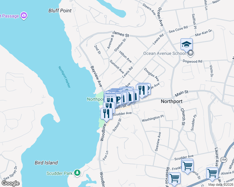 map of restaurants, bars, coffee shops, grocery stores, and more near 43 Highland Avenue in Northport
