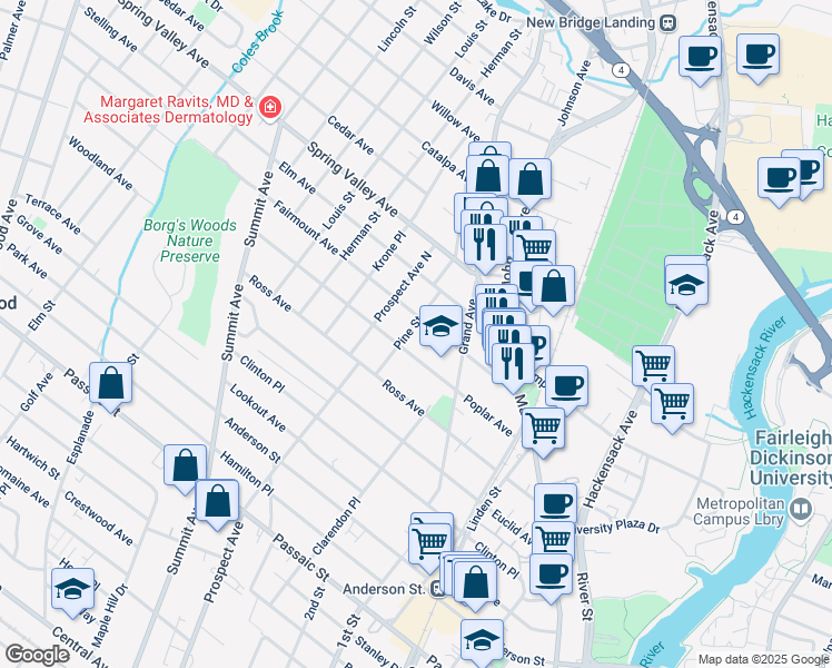 map of restaurants, bars, coffee shops, grocery stores, and more near 99 Fairmount Avenue in Hackensack