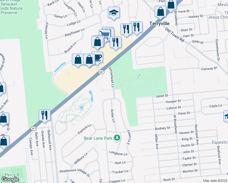 map of restaurants, bars, coffee shops, grocery stores, and more near 285 Arrowhead Lane in Centereach