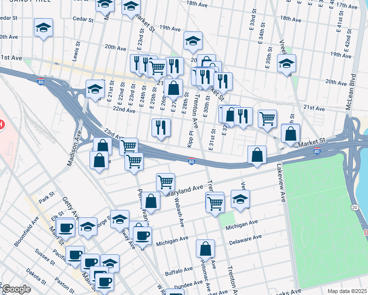 map of restaurants, bars, coffee shops, grocery stores, and more near 191 23rd Avenue in Paterson