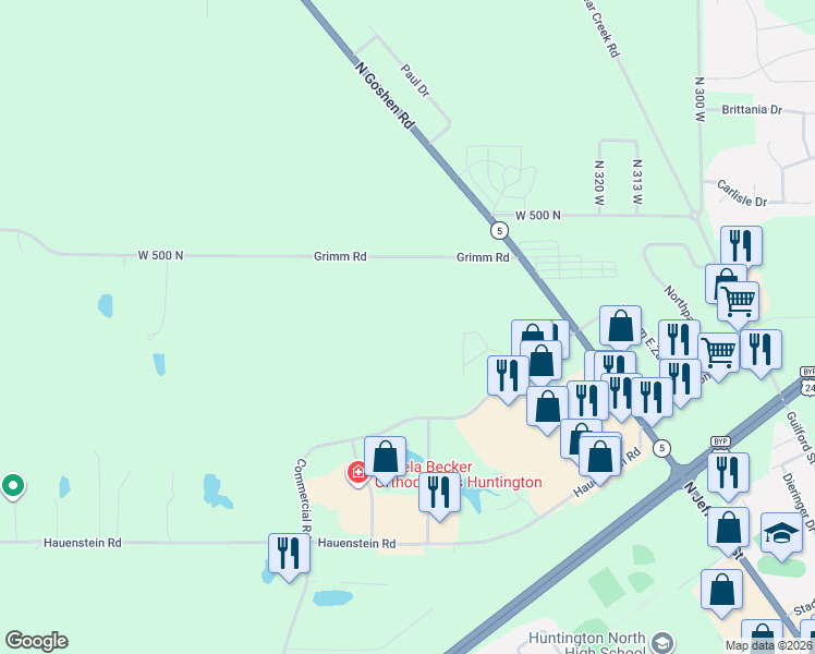 map of restaurants, bars, coffee shops, grocery stores, and more near 3601 West 500 North in Huntington