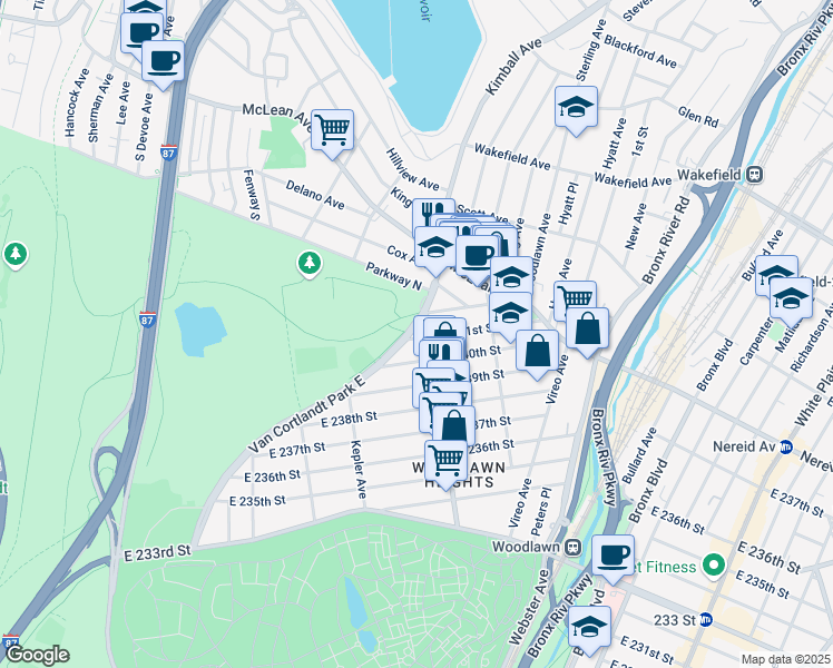 map of restaurants, bars, coffee shops, grocery stores, and more near 4482 Van Cortlandt Park East in Bronx