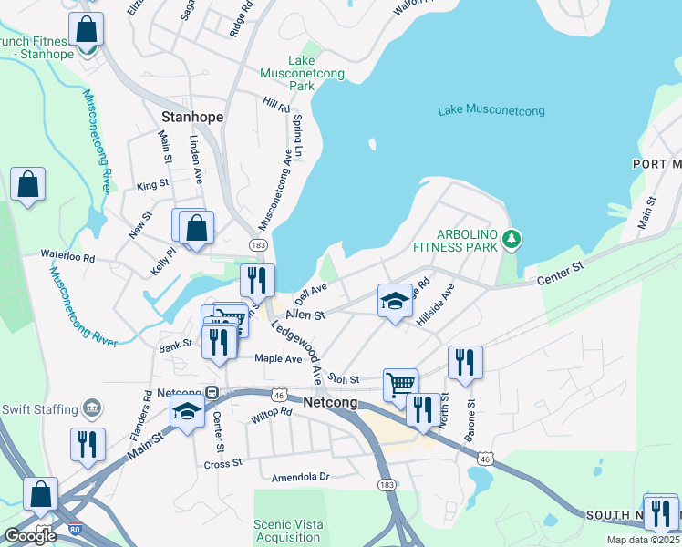 map of restaurants, bars, coffee shops, grocery stores, and more near 25 Dell Avenue in Netcong