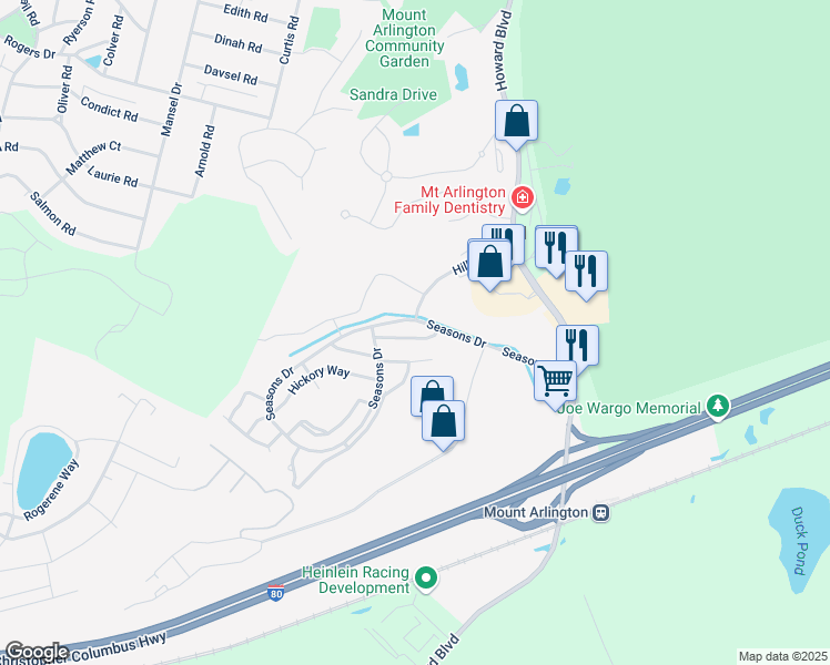 map of restaurants, bars, coffee shops, grocery stores, and more near 18 Primrose Lane in Mount Arlington