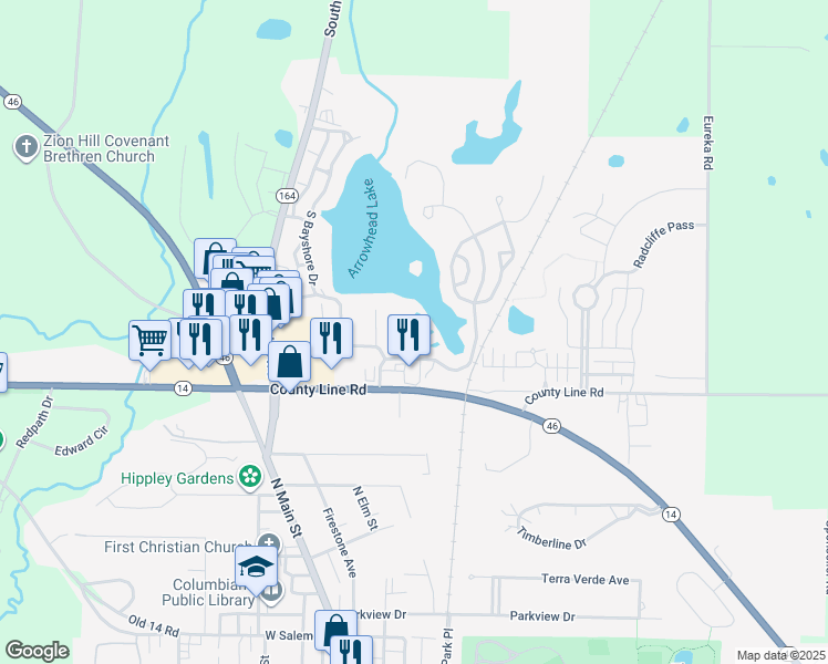 map of restaurants, bars, coffee shops, grocery stores, and more near 294 South Bayshore Drive in Columbiana