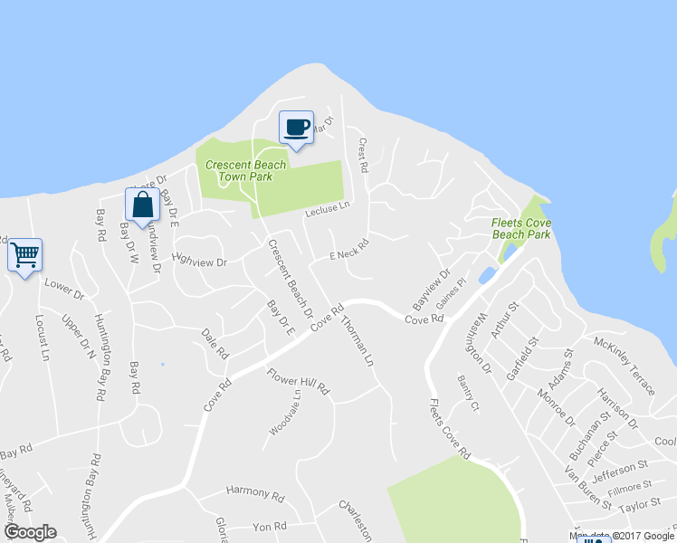 map of restaurants, bars, coffee shops, grocery stores, and more near 3 Bay Path Court in Huntington