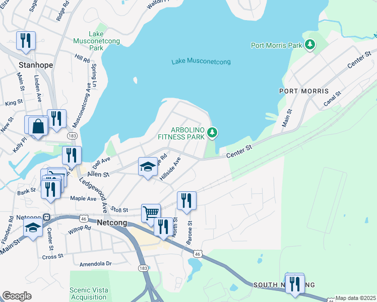 map of restaurants, bars, coffee shops, grocery stores, and more near 24 Hillside Avenue in Netcong