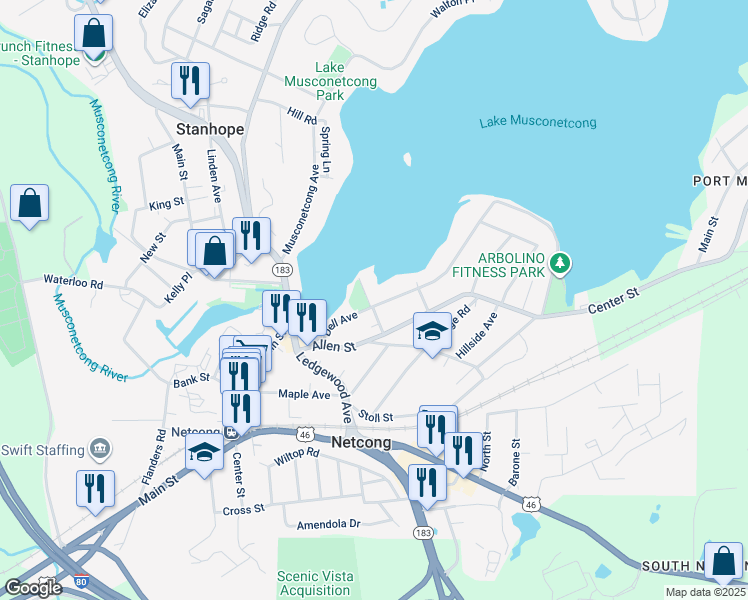 map of restaurants, bars, coffee shops, grocery stores, and more near 25 Dell Avenue in Netcong