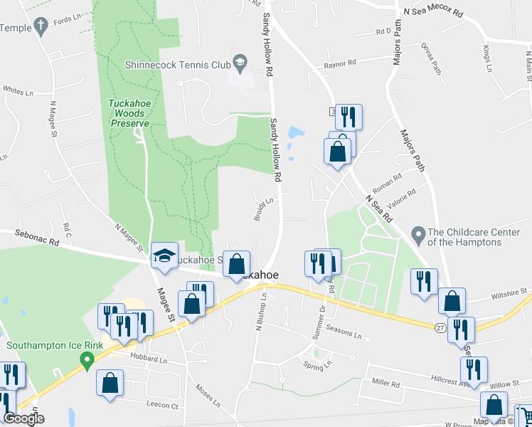 map of restaurants, bars, coffee shops, grocery stores, and more near 20 Broidy Lane in Southampton