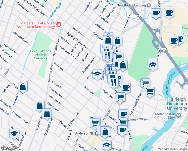 map of restaurants, bars, coffee shops, grocery stores, and more near 99 Fairmount Avenue in Hackensack
