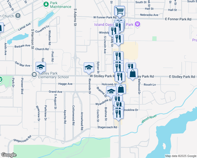 map of restaurants, bars, coffee shops, grocery stores, and more near 187-521 W Stolley Park Rd in Grand Island