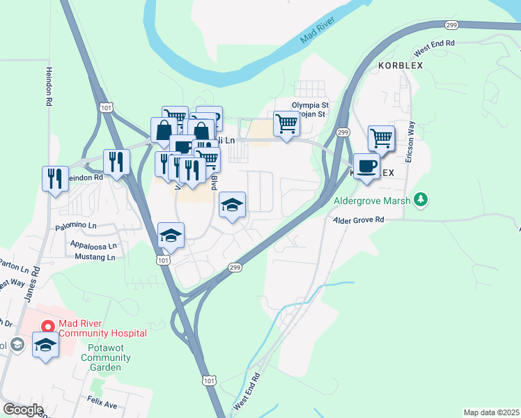 map of restaurants, bars, coffee shops, grocery stores, and more near 5057 Ponderosa Way in Arcata