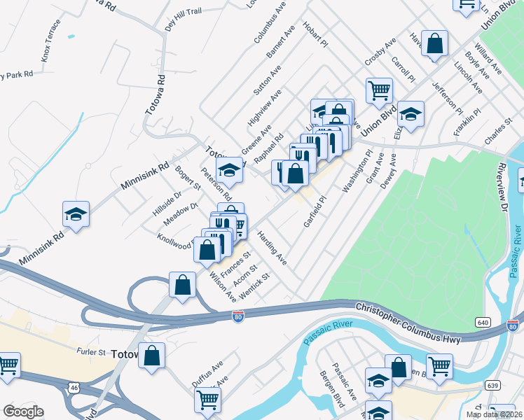 map of restaurants, bars, coffee shops, grocery stores, and more near 515 Union Boulevard in Totowa