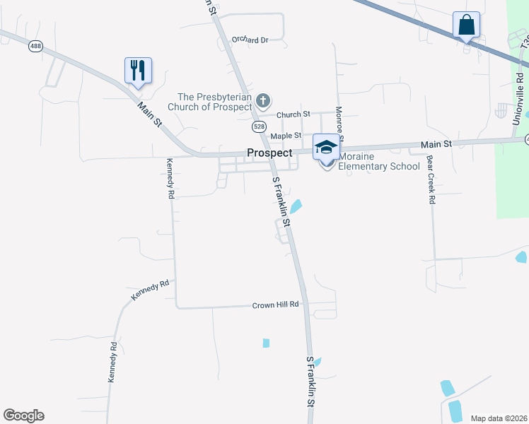 map of restaurants, bars, coffee shops, grocery stores, and more near 140 South Franklin Street in Prospect