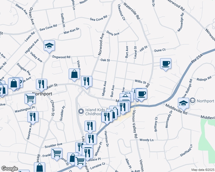 map of restaurants, bars, coffee shops, grocery stores, and more near 44 Maple Avenue in Northport