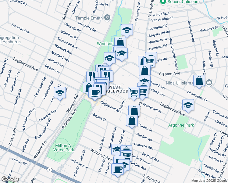 map of restaurants, bars, coffee shops, grocery stores, and more near 131 Ayers Court in Teaneck
