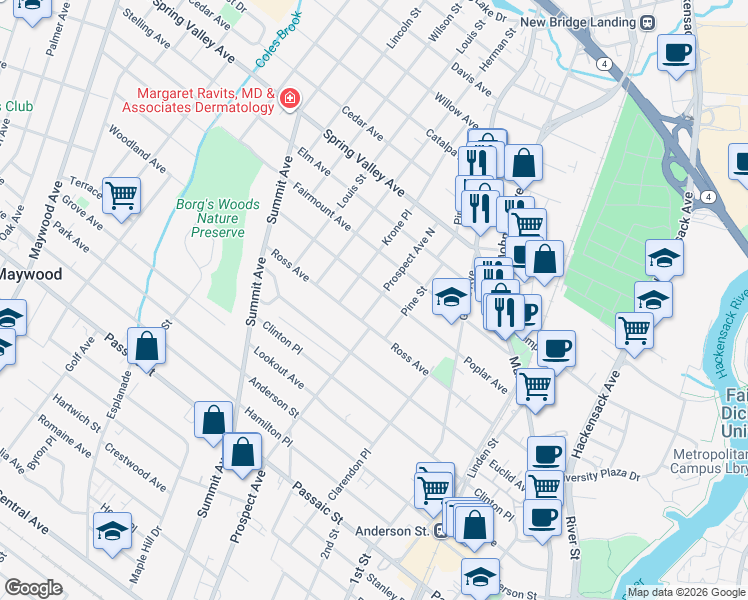 map of restaurants, bars, coffee shops, grocery stores, and more near 12 Krone Place in Hackensack