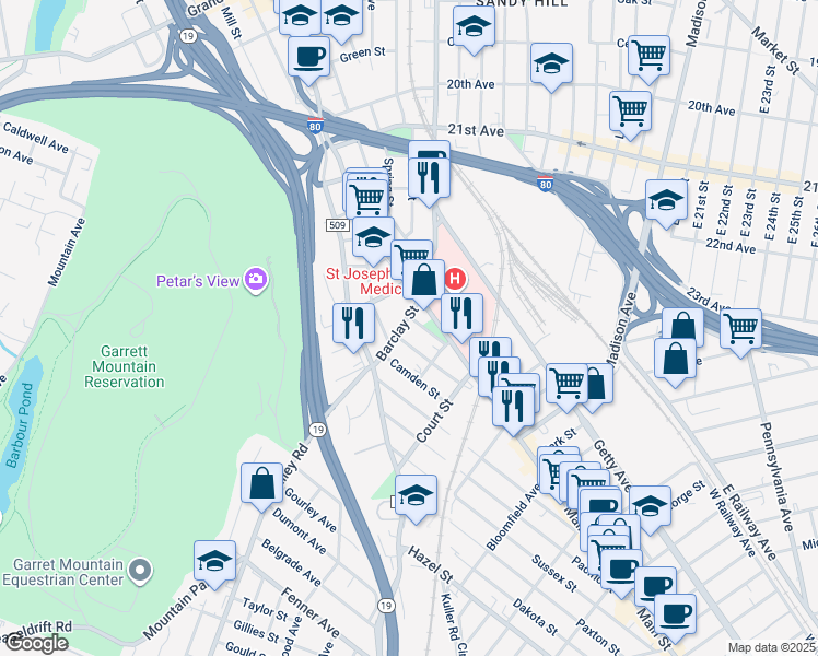 map of restaurants, bars, coffee shops, grocery stores, and more near 152 Barclay Street in Paterson