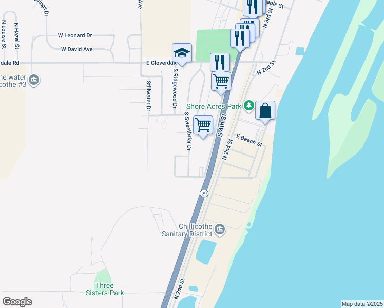 map of restaurants, bars, coffee shops, grocery stores, and more near 528 South Sweetbriar Drive in Chillicothe