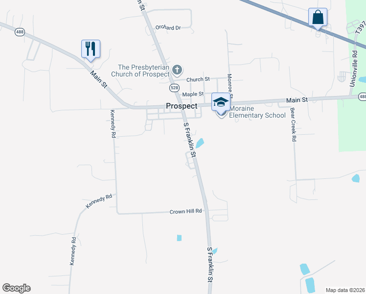 map of restaurants, bars, coffee shops, grocery stores, and more near 140 South Franklin Street in Prospect