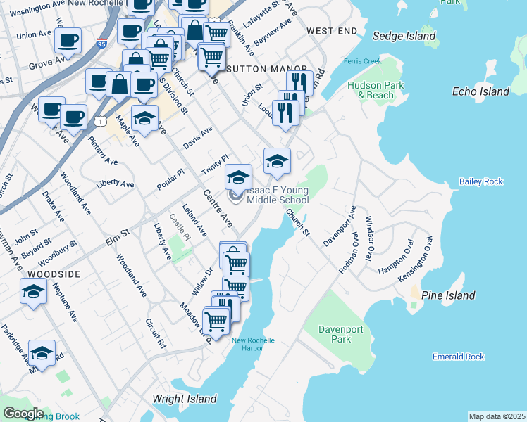 map of restaurants, bars, coffee shops, grocery stores, and more near 210 Pelham Road in New Rochelle