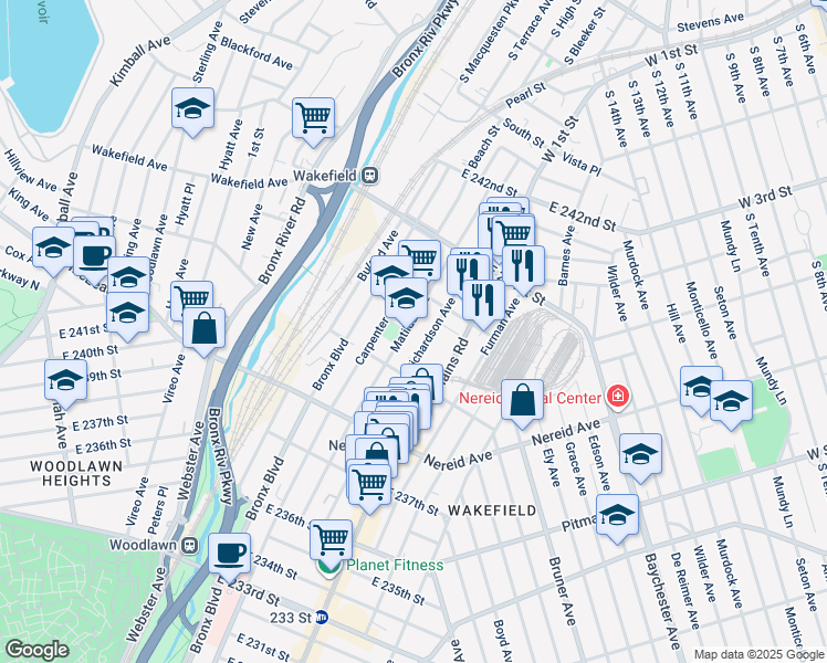 map of restaurants, bars, coffee shops, grocery stores, and more near 4542 Matilda Avenue in Bronx