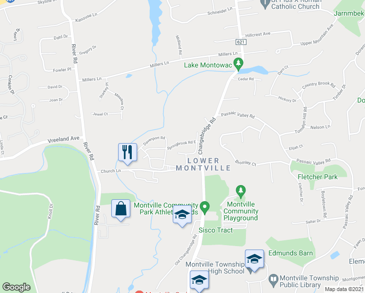 map of restaurants, bars, coffee shops, grocery stores, and more near 39 Springbrook Road East in Montville