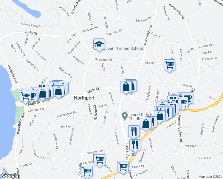 map of restaurants, bars, coffee shops, grocery stores, and more near 414 Main Street in Northport