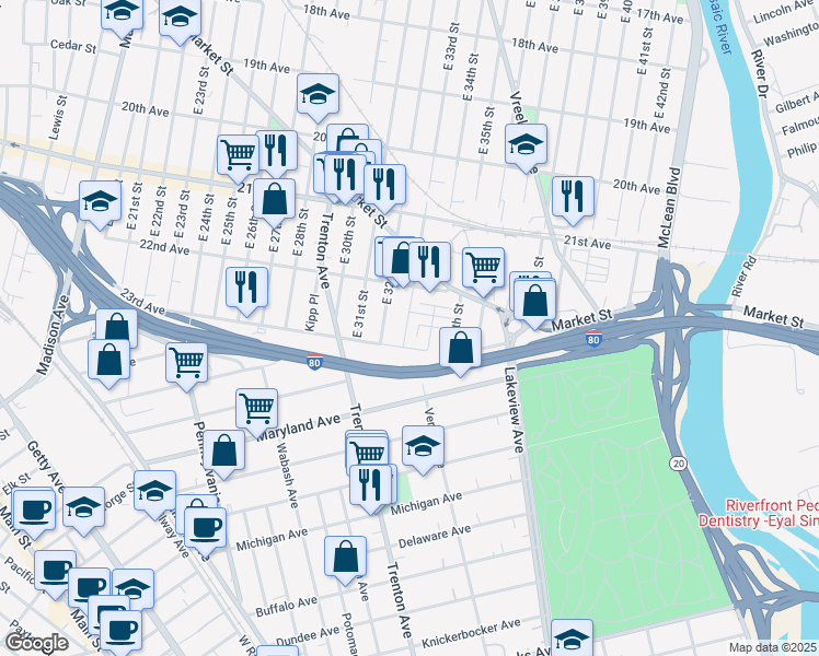 map of restaurants, bars, coffee shops, grocery stores, and more near 657 East 33rd Street in Paterson