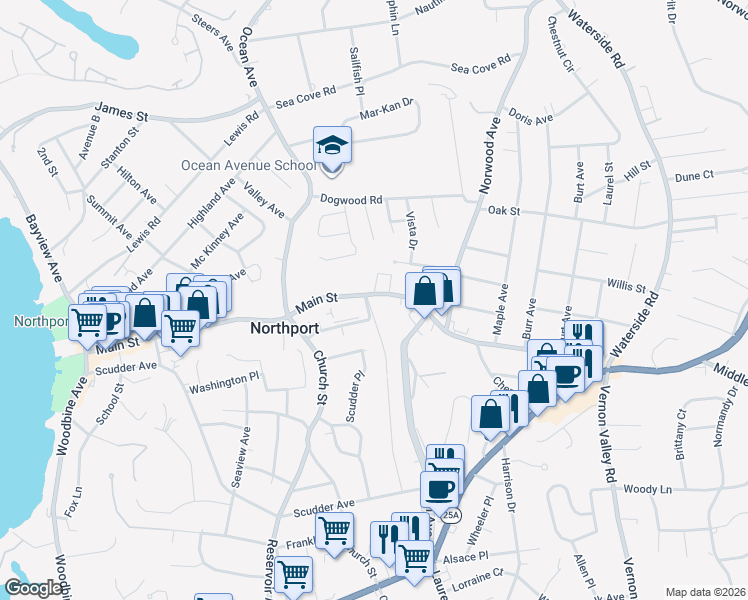 map of restaurants, bars, coffee shops, grocery stores, and more near 423 Main Street in Northport