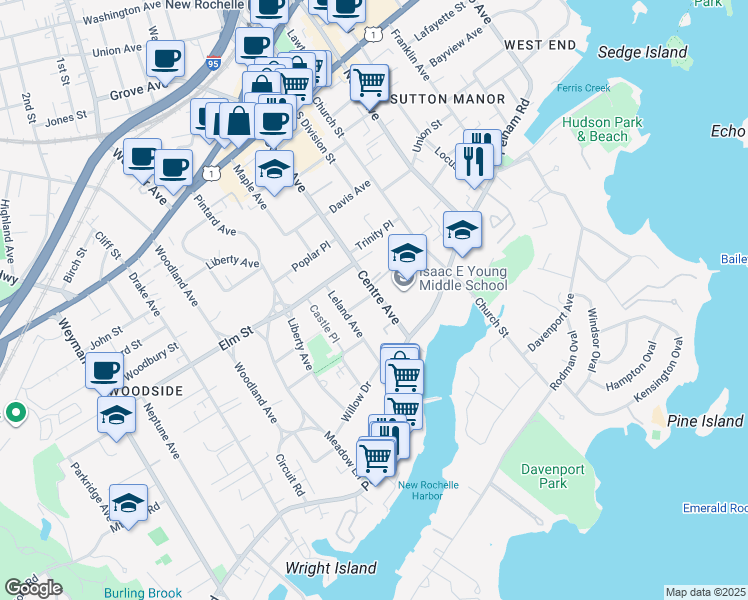 map of restaurants, bars, coffee shops, grocery stores, and more near 275 Centre Avenue in New Rochelle