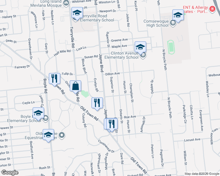 map of restaurants, bars, coffee shops, grocery stores, and more near 27 Superior Street in Port Jefferson Station