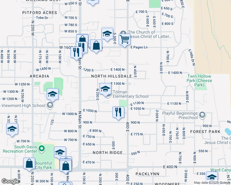 map of restaurants, bars, coffee shops, grocery stores, and more near 304 East 1250 North in Bountiful