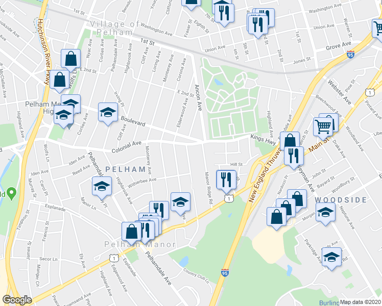 map of restaurants, bars, coffee shops, grocery stores, and more near 410 Wynnewood Road in Pelham Manor