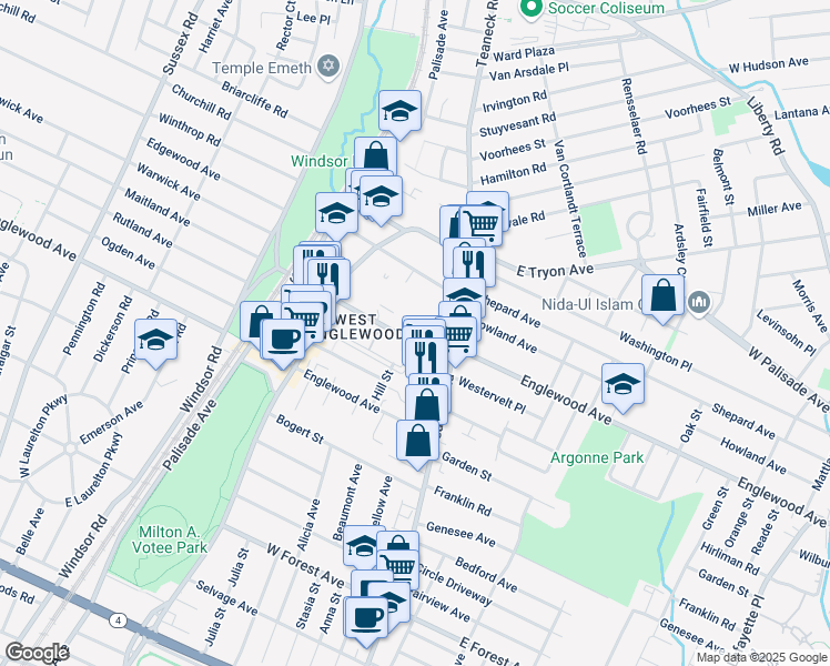 map of restaurants, bars, coffee shops, grocery stores, and more near 55 State Street in Teaneck