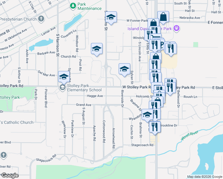 map of restaurants, bars, coffee shops, grocery stores, and more near 703-799 West Stolley Park Road in Grand Island