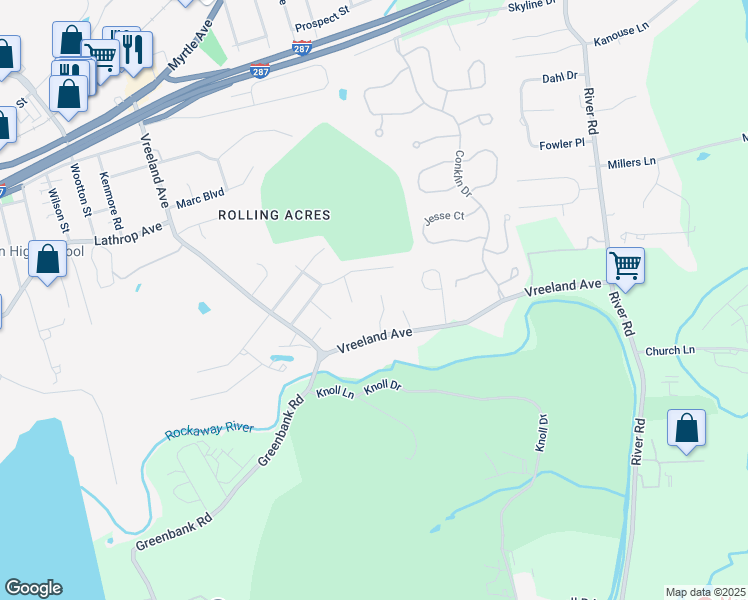 map of restaurants, bars, coffee shops, grocery stores, and more near 28 Brookside Lane in Boonton