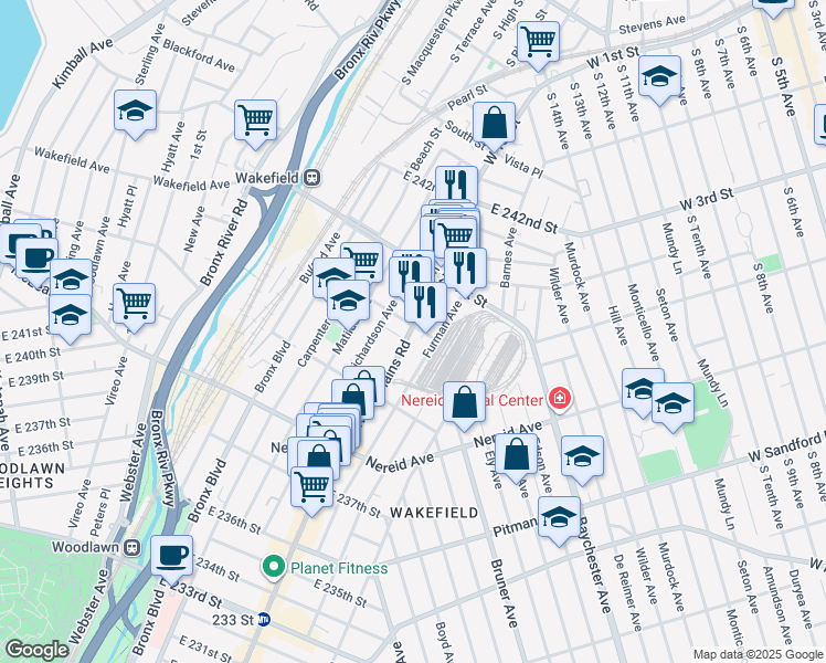 map of restaurants, bars, coffee shops, grocery stores, and more near 711 East 240th Street in Bronx