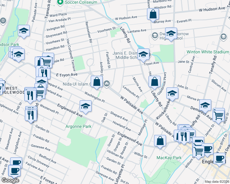 map of restaurants, bars, coffee shops, grocery stores, and more near 377 West Palisade Avenue in Englewood